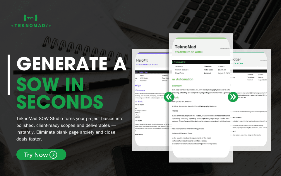 Professional Statement of Work Preview - TeknoMad SOW Studio interface showing AI-generated content with professional formatting and branding